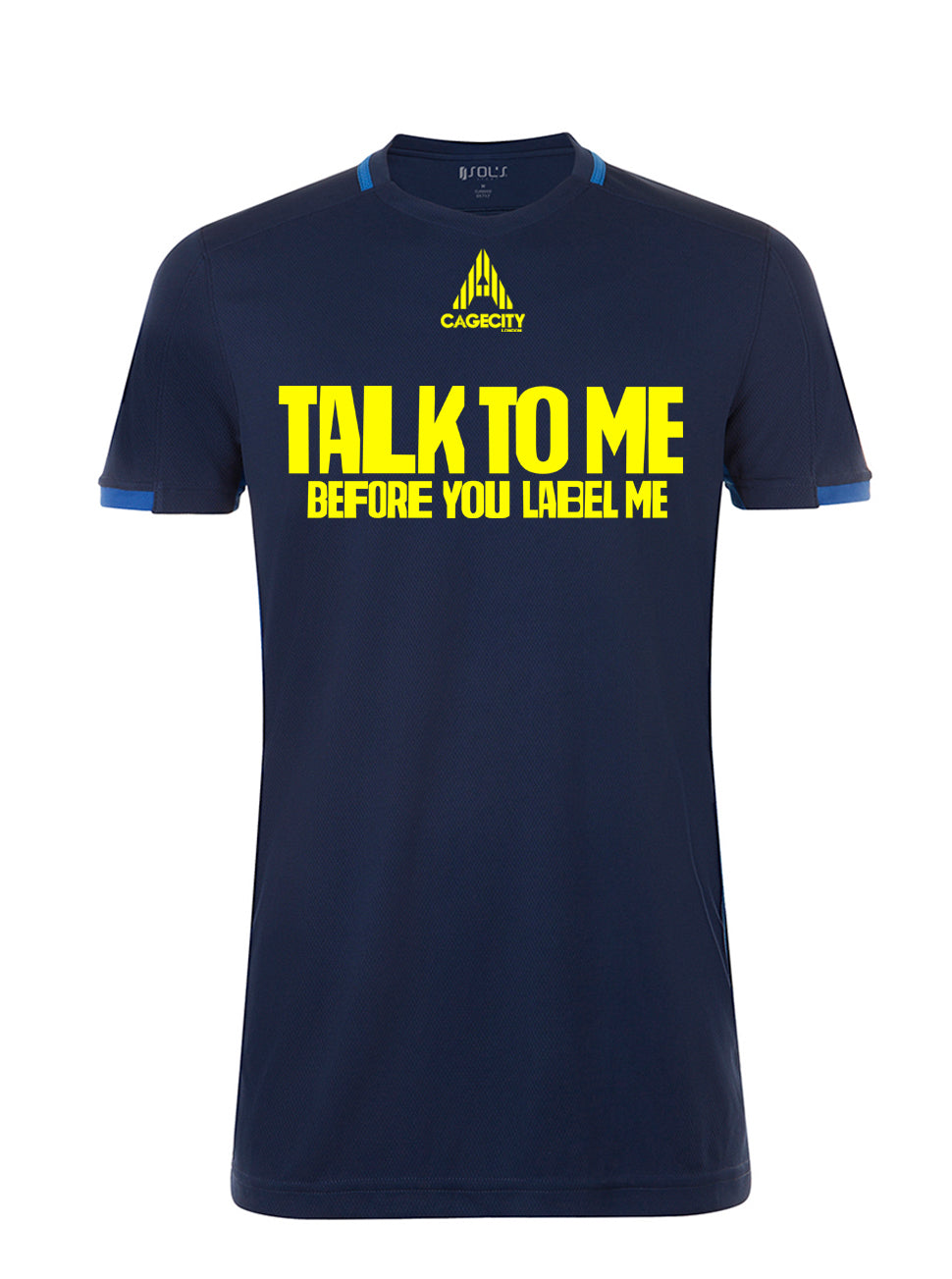 Talk To Me Before You Label Me Football Tee in Navy and Yellow