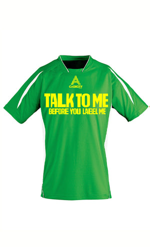 Talk To Me Before You Label Me Football Tee in Green and Yellow