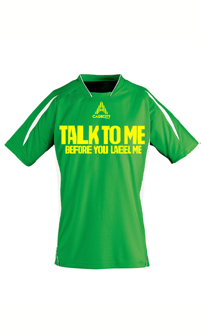 Talk To Me Before You Label Me Football Tee in Green and Yellow