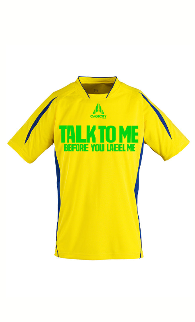 Talk To Me Before You Label Me Football Tee in Yellow and Green