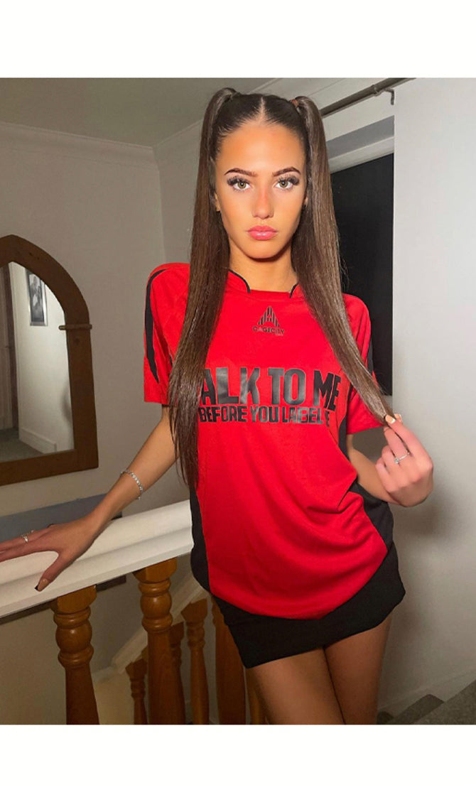 Talk To Me Before You Label Me Football Tee in Red and Black